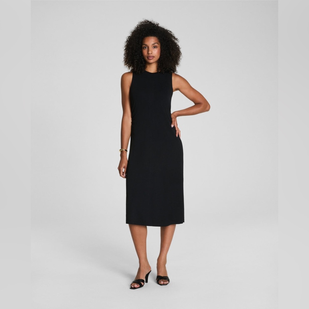 SPANX Sleek Jersey Crewneck Ruched Midi Dress Black